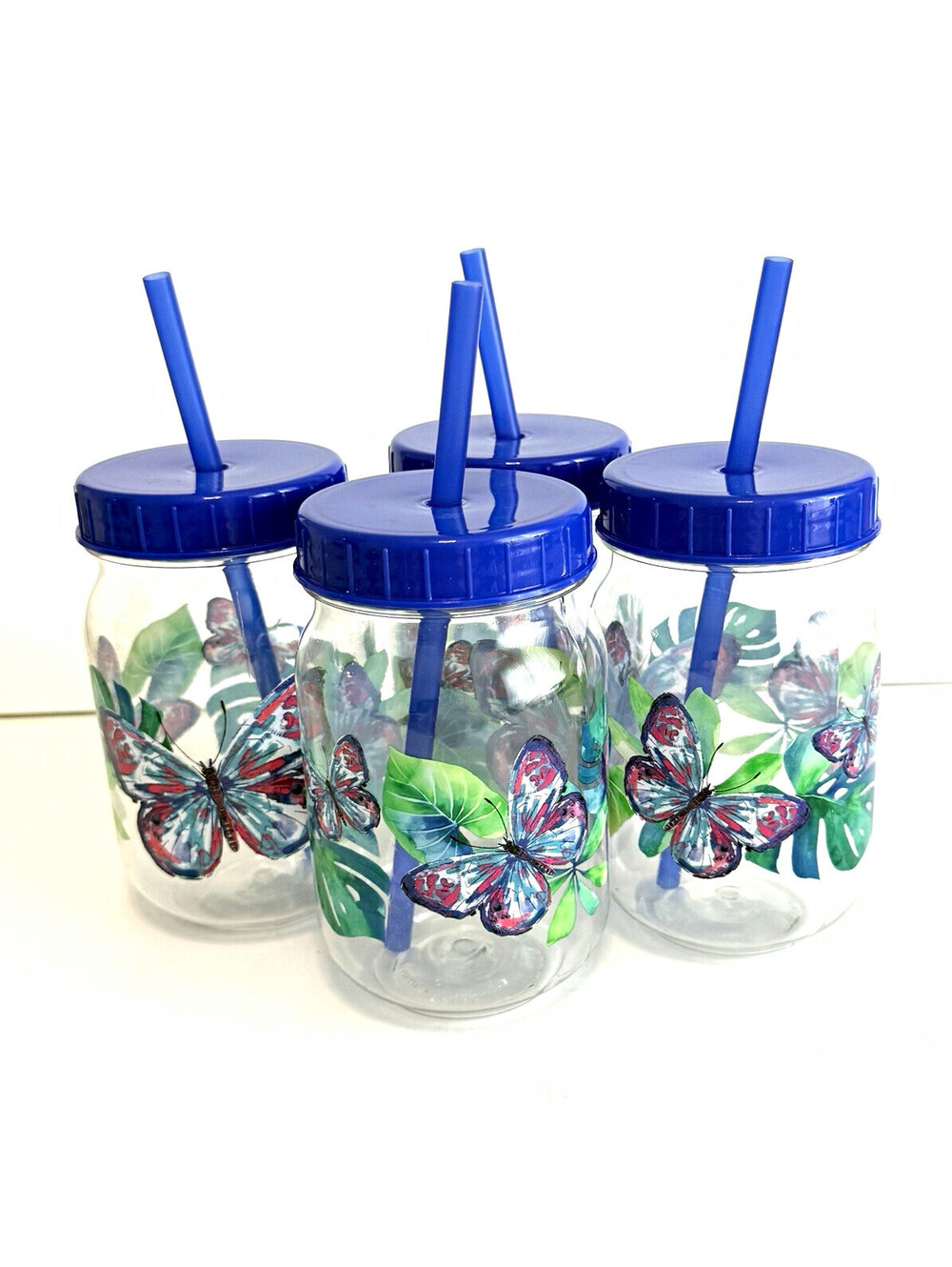 Set of 4 Butterfly Plastic Mason Jar Tumblers 18 oz Blue Lids & Straws